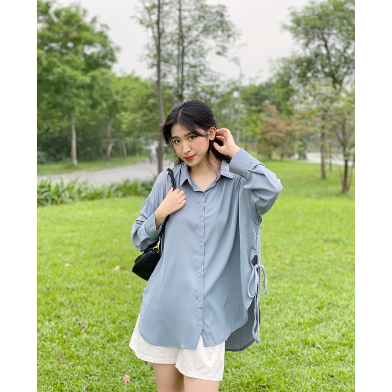 Áo Sơ Mi Voan trơn oversize buộc dây nơ 2 bên( Hàng Quảng Châu) Lustore | BigBuy360 - bigbuy360.vn