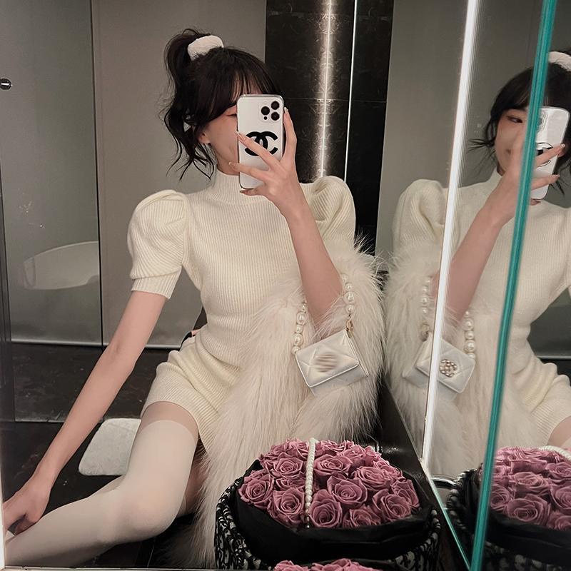 Đầm Dệt Kim Tay Phồng Màu Trắng Thời Trang Mùa Đông Cho Nữ