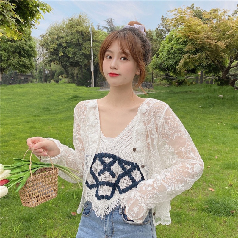 Áo Khoác Cardigan Chống Nắng Tay Dài Dáng Rộng Thêu Hoa Phối Ren Xinh Xắn Cho Nữ