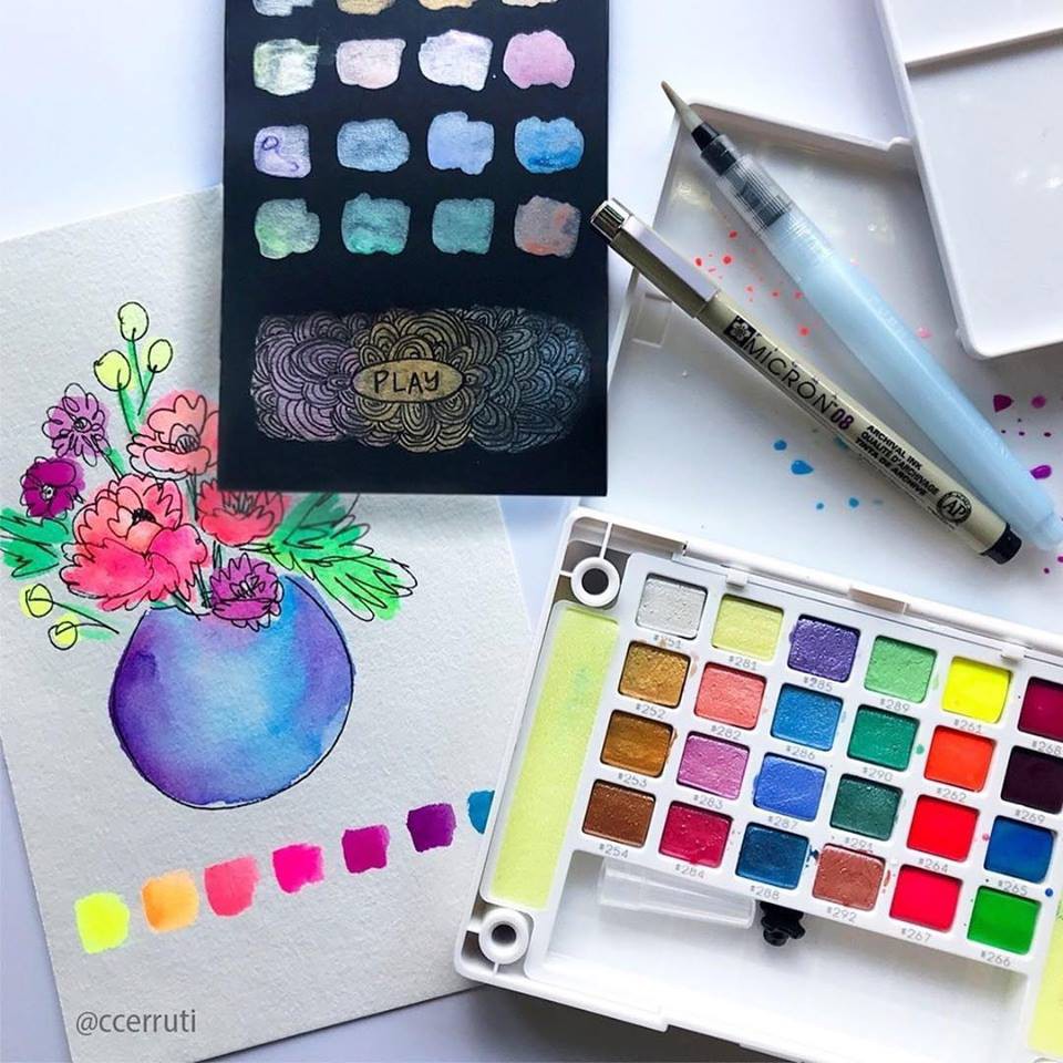 [ Free ship ] Màu Nước SAKURA Koi Watercolor 12/24 Mầu nhũ ngọc trai new 2019