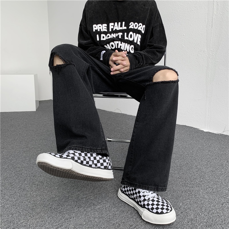 Quần jeans đen cao cấp, quần bò đen, baggy,xuông rộng nam,nữ, Crying Center rách 2 cạnh,Rách 2 gối TDSHOP hottrend 2022