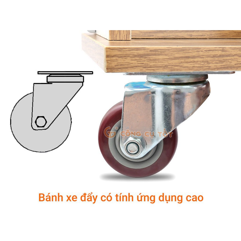 Bộ 4 bánh xe đỏ mận đẩy hàng tổng tải 200kg xoay 360 độ lốp nhựa TPR đỏ mận hãm sau Φ75mm