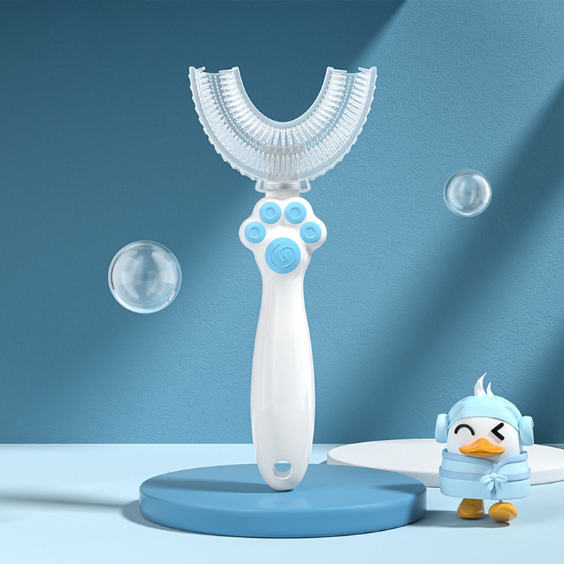 Bàn chải đánh răng hình chữ U làm sạch 360 độ bằng silicone mềm có dây buộc cho trẻ nhỏ