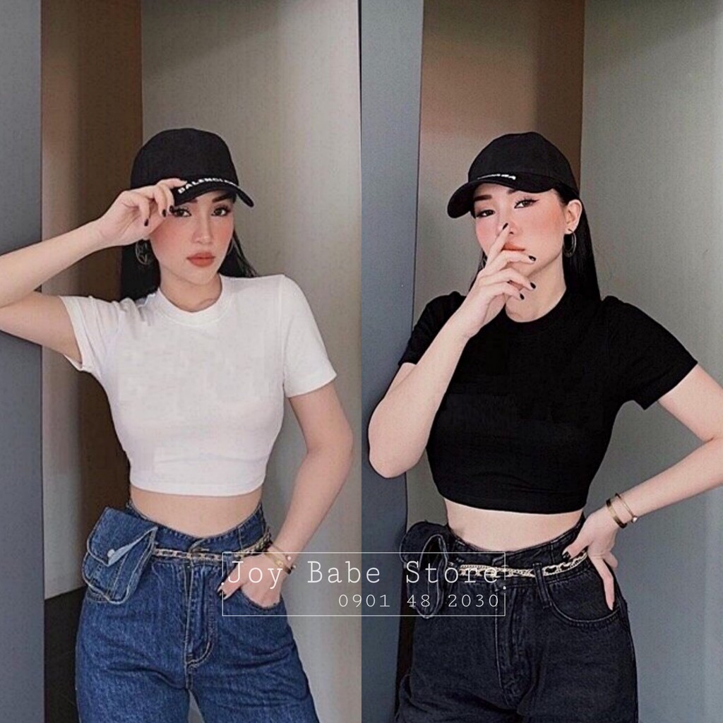 Áo croptop cổ tròn JOY BABE 🌸🖤 lên form sang đẹp, thun Forever 21 co giãn 4 chiều êm trắng đen nude neon trơn CRON 1 -4D