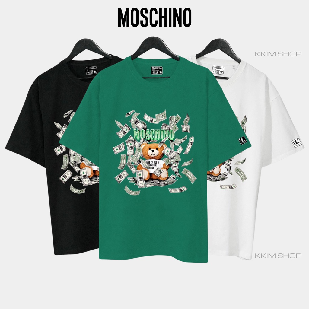 Áo thun tay lỡ MOSCHINO XANH LÁ ĐẬM TO KKIMSHOP , Áo thun unisex nam nữ form rộng oversize chất liệu Cotton Thái