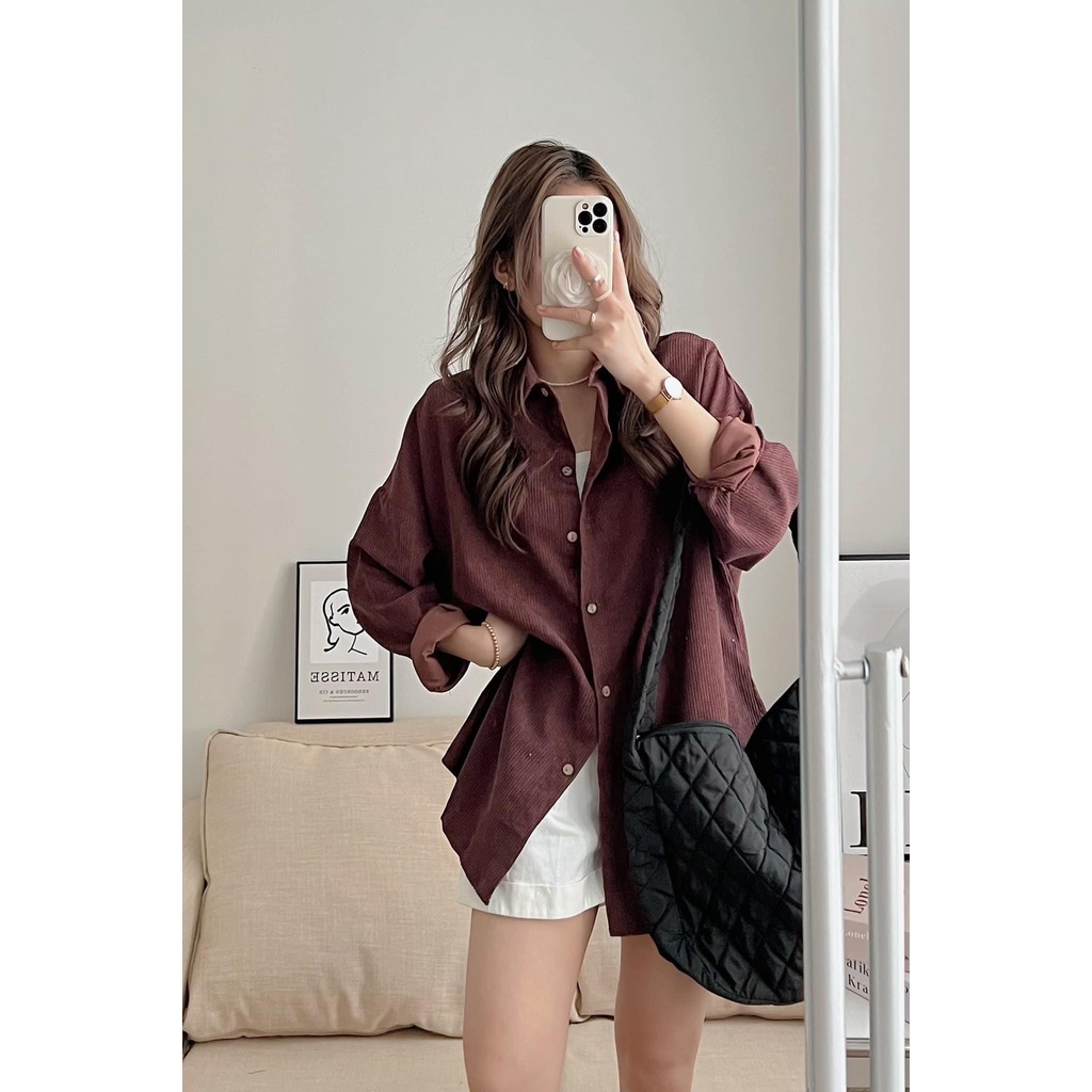 Áo sơ mi nữ dài tay nhung tăm nhiều màu form rộng oversize phong cách Hàn Quốc