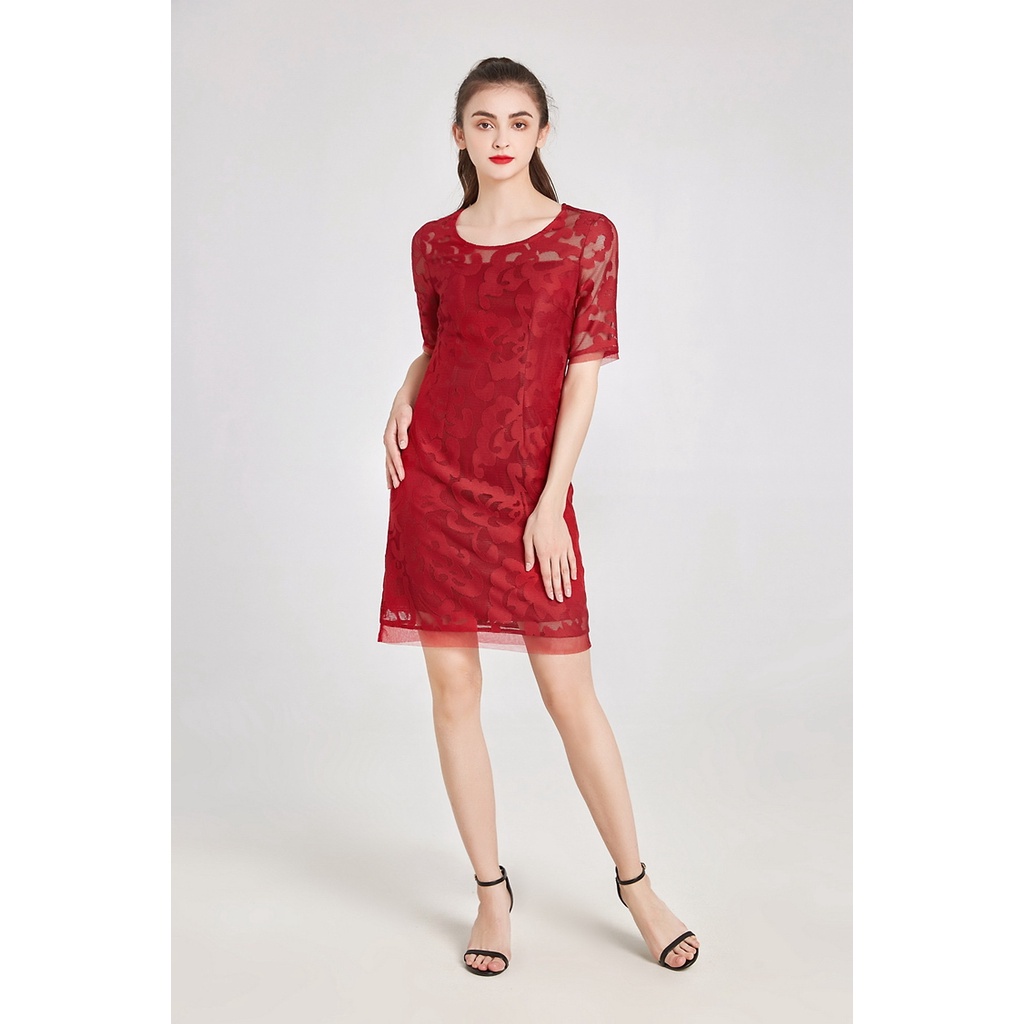 (TỔNG KHO LÂM ANH CHUYÊN SỈ) Đầm suông voan hoa nổi đỏ tươi - A1065