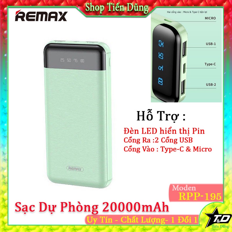 Pin Sạc Dự Phòng Remax RPP-195 20000mAh Led Display, 2 cổng input / output Với Các Màu Thời Trang Chính Hãng