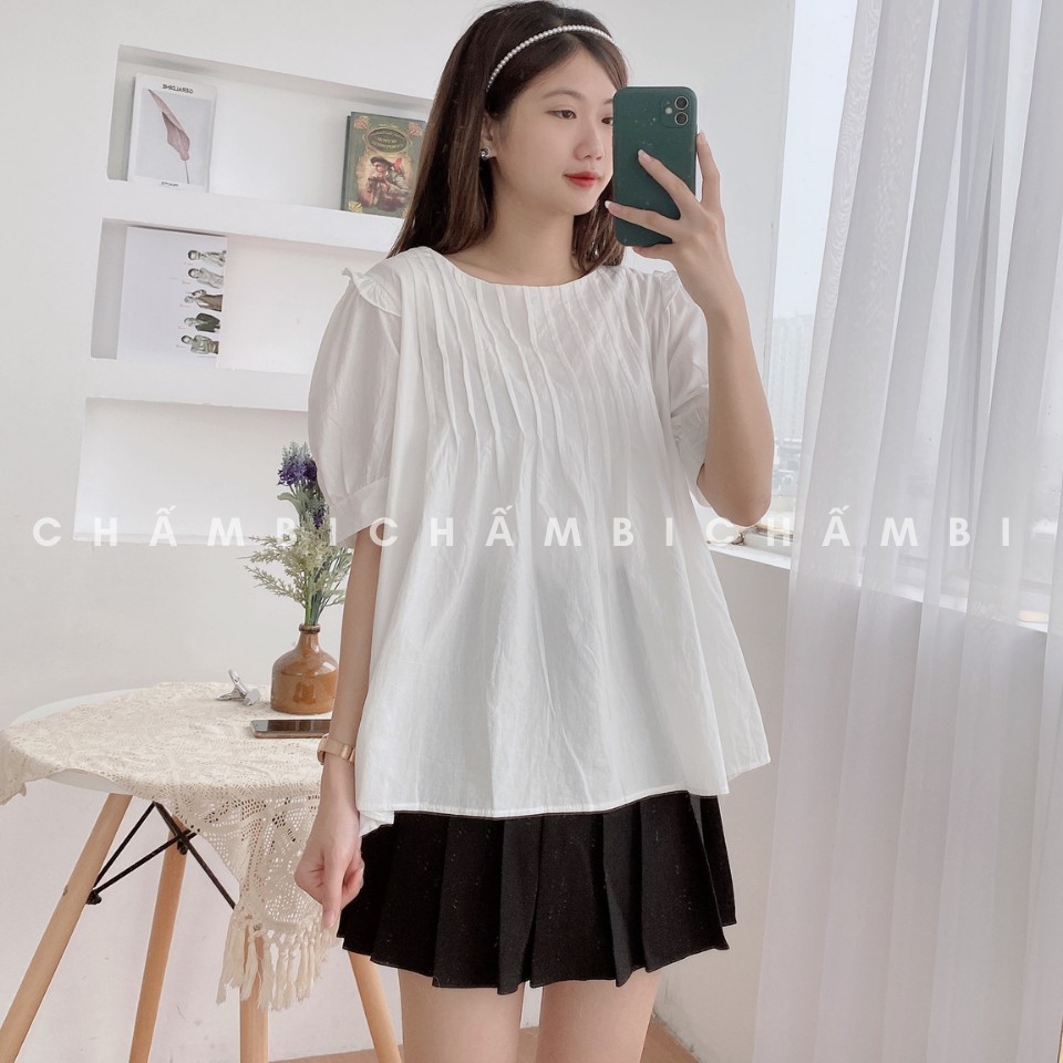 [SALE] Áo Sơ Mi Trắng Cổ Tròn Dáng Babydoll Cộc Tay Hàng Cúc Đen Sau Cực Xinh - A.192