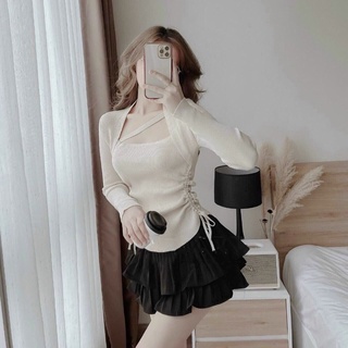 Áo Croptop Cổ Vuông Chéo Cổ Rút Dây Hông Tay Dài 298 FIORI STORE