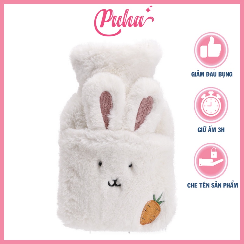 Túi chườm bụng kinh PUHA 500ml, túi chườm ấm nóng sưởi ấm bụng cho nữ, Thỏ Trắng.