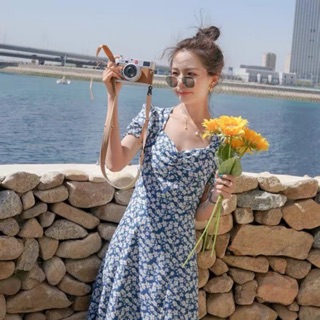 (ORDER) Váy voan hoa nhí xanh dương cổ vuông tay phồng dáng dài style ngọt ngào Hàn Quốc sang trọng (Style 2020 HOT)