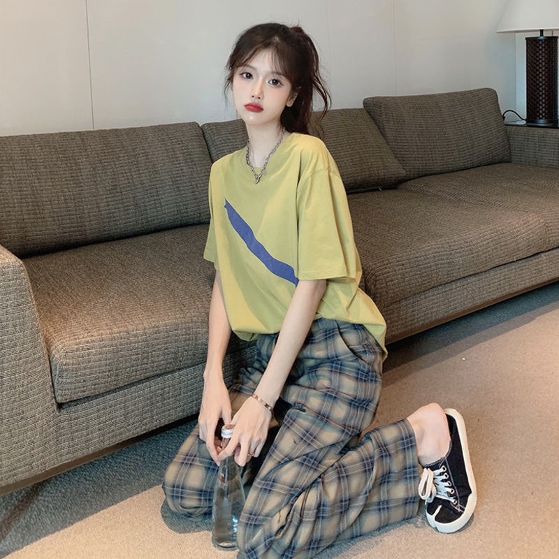 Set Áo Tay Ngắn Dáng Rộng + Quần Dài Lưng Cao Họa Tiết Sọc Ca Rô Phong Cách Hàn Quốc Thời Trang Cho Nữ