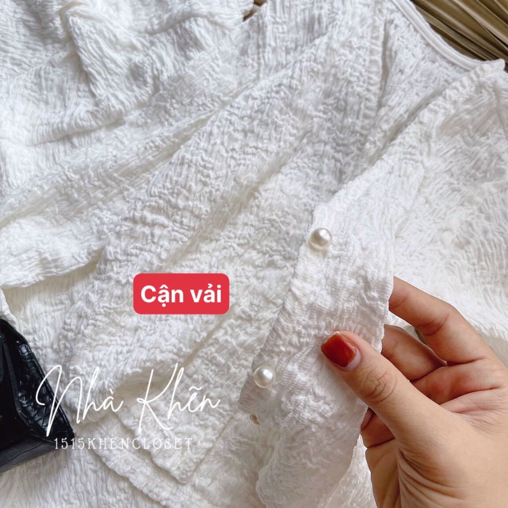 Set trắng đầm 2 dây xoắn ngực kèm áo khoác croptop