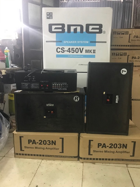 Bộ karaoke Gia Đình gồm Amply 203N (12so) AC (tosiba) & đôi loa BMB450 (bas25) từ nam châm kép