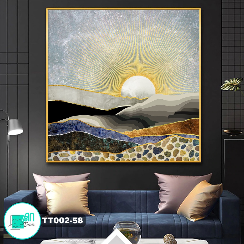 Tranh canvas treo tường nghệ thuật trừu tượng mặt trời trên núi khổ vuông - 60 x 60 cm