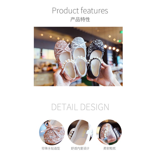 Giày Cho Bé Gái, Giày Búp Bê Bé Gái Công Chúa Đính Đá Kim Sa Hạt Cườm Lấp Lánh
