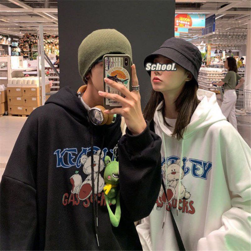 Áo Hoodie Nỉ Hoạt Hình Gấu GASSUCKS Form Rộng Tay Phồng, Áo Hoodie Màu Đen Trắng Basic Unisex