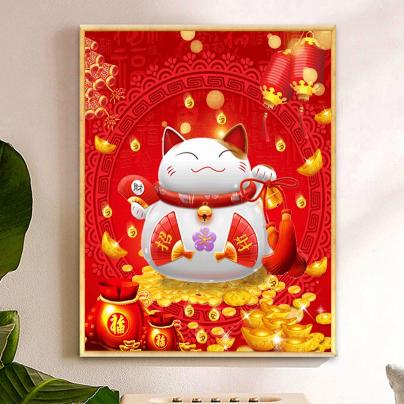 Tranh gắn đá đính kín toàn bộ Mèo Đỏ May Mắn