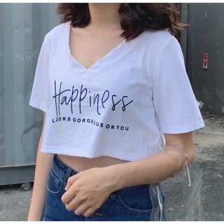 Áo thun giấy form rộng CROPTOP Happiness tay ngắn cổ tim
