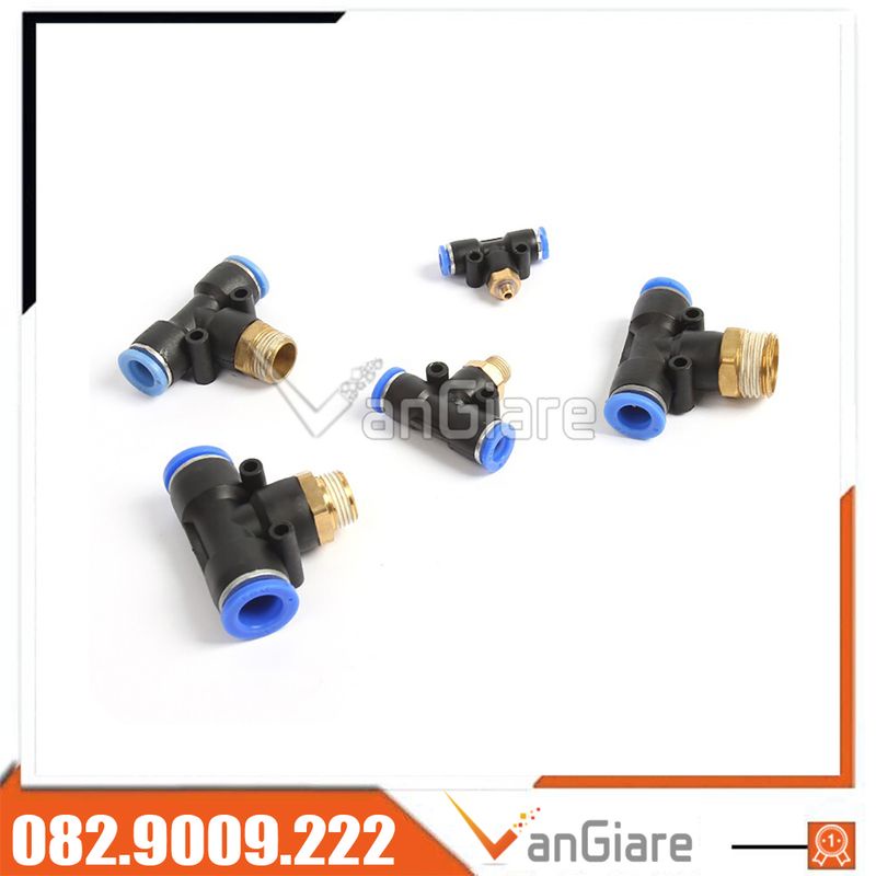 Đầu nối nhanh khí nén 3 ngã kiểu T ren ngoài PB cho ống 4mm 6mm 8mm 10mm 12mm