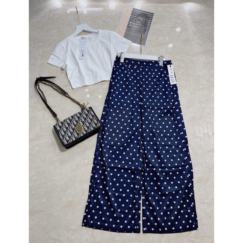 Set Áo Thun Croptop Mix Quần Ống Rộng Chấm Bi Freesize dưới 58kg Mặc Xinh Ôm Dáng Dành Cho Nữ_Tôn Dáng_Xuống Phố Là Mê