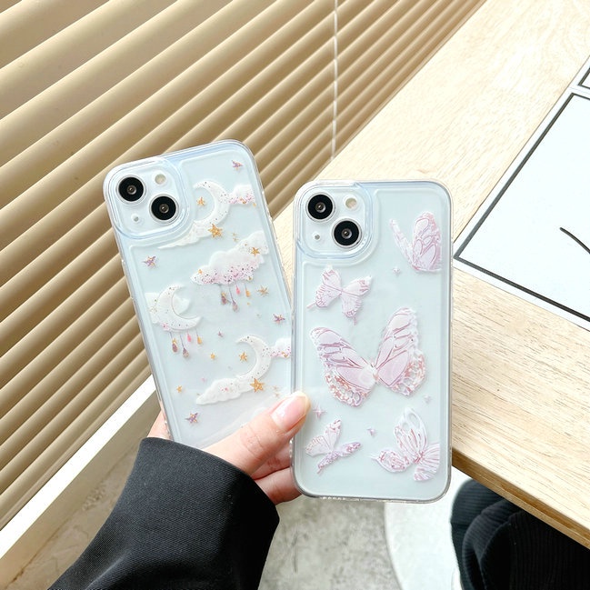 Casing For IPhone 13 Pro Max 12 11 ProMax X Xs Xr 7 8 SE 2020 Plus 7+ 8+ Xsmax 13Promax 12Promax 11Promax Cute Butterfly Star Moon Clear Fine Hole Shockproof Soft Phone Case Cover JSCK 11
