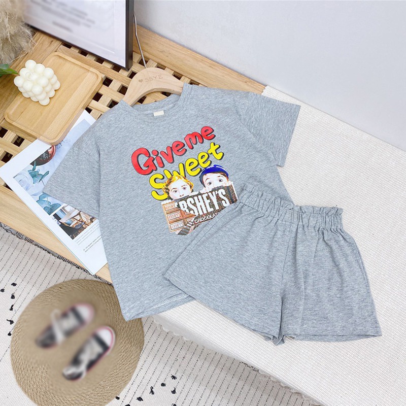 Bộ Đồ Áo Thun Tay Ngắn In Chữ Hoạt Hình + Quần Short Thời Trang Mùa Hè Dành Cho Bé Gái Se7en