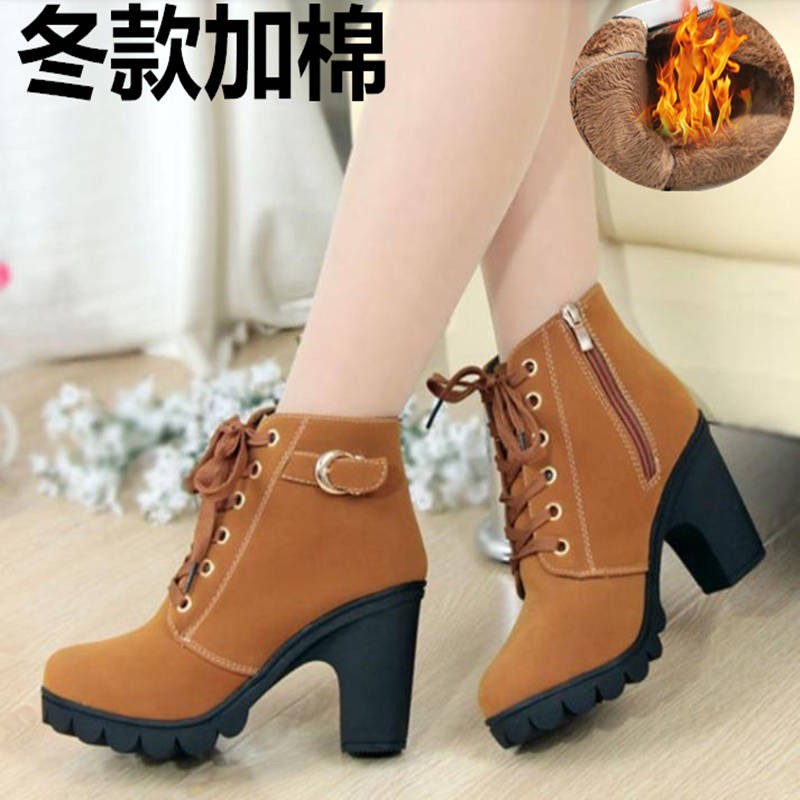 Giày Boot Cao Gót Cổ Ngắn Cột Dây Chất Liệu Cotton Phong Cách Hàn Quốc Hàng Mới Thời Trang Thu Đông Cho Nữ