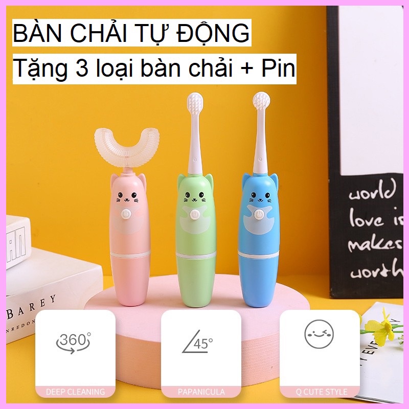 Bàn chải đánh răng tự động cho bé - tặng 3 đầu thay thế + Pin