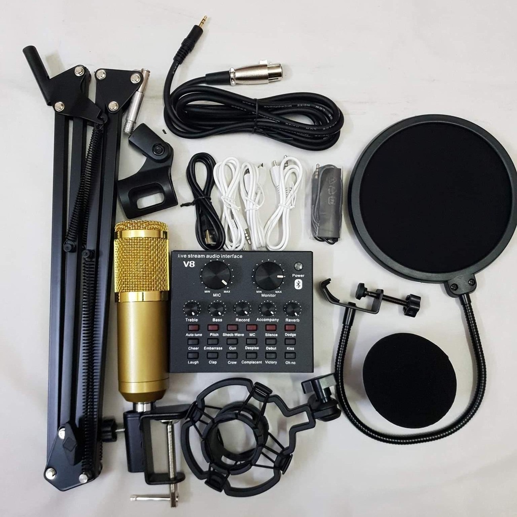 Combo míc thu âm BM900 và Sound Card V8 chuyên dụng hát live stream với đầy đủ chức năng chỉnh giọng âm thanh