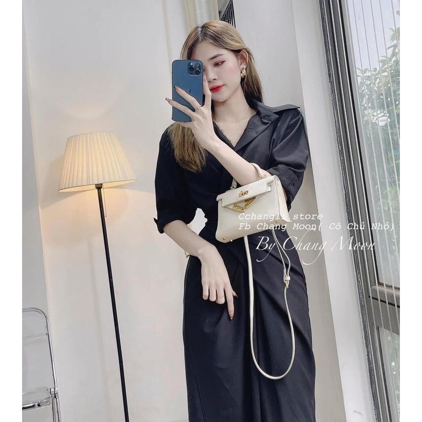 Đầm vạt chéo buộc đai eo 2 màu dài tay