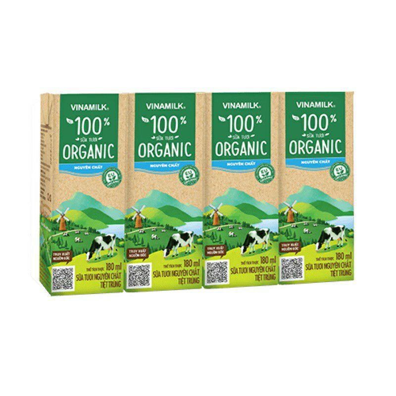 (mẫu mới) Sữa tươi tiệt trùng Vinamilk 100% Organic không đường - Lốc 4 hộp x 180ml