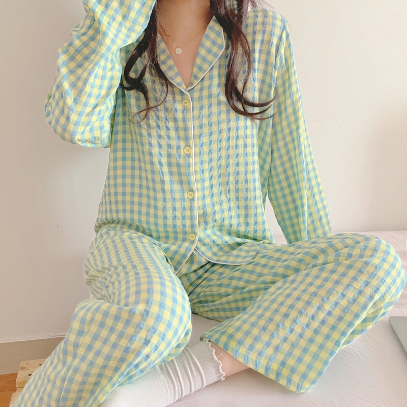 Set đồ ngủ Pyjama dài hoạ tiết caro basic hàn quốc