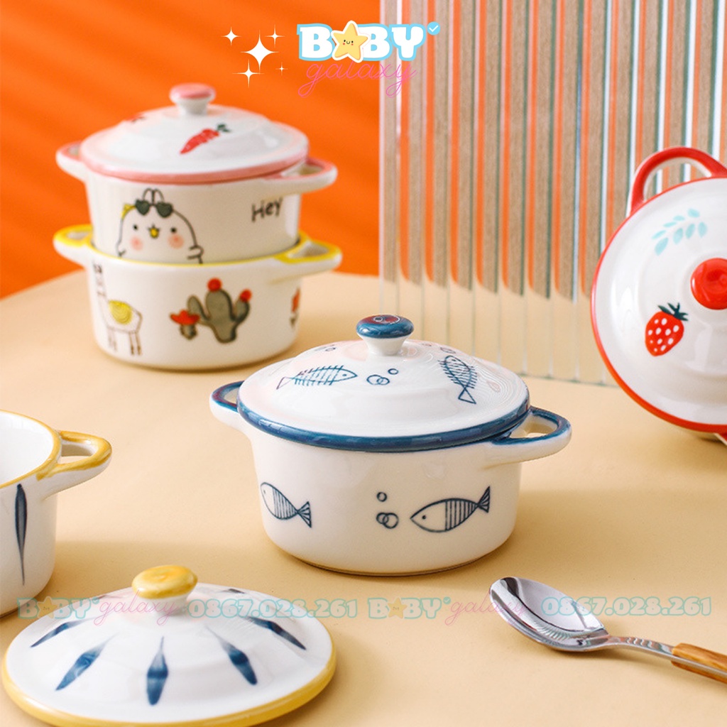 Chén Bát Ăn Dặm, Bát Decor Gốm Sứ Hình Nồi Có Nắp Dễ Thương 250ml Baby Galaxy Official