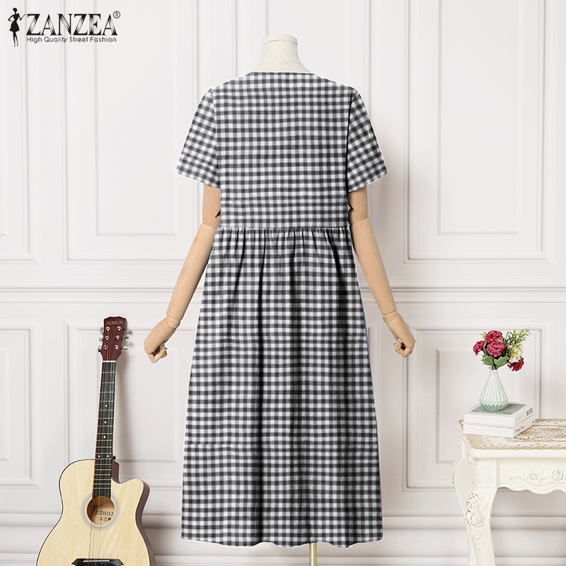 Đầm nữ ZANZEA ngắn tay cổ tròn form rộng họa tiết ca rô thời trang