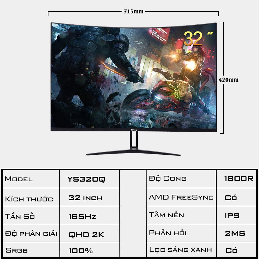 Màn hình 32 inch cong ATAS YS320Q - Tần số quét 165Hz - Tấm nền IPS - Độ phân giải 2k | BigBuy360 - bigbuy360.vn