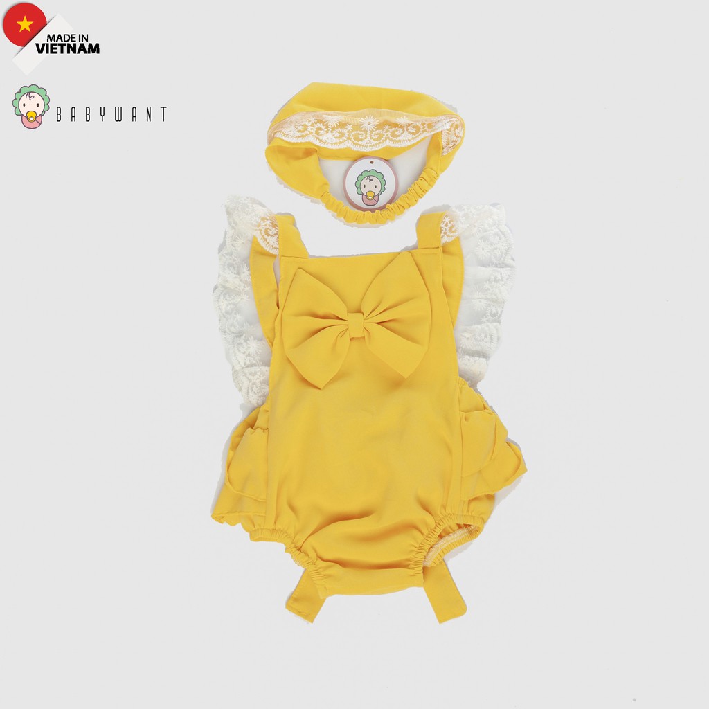 Bộ jumpsuit cho bé gái ,trẻ sơ sinh màu vàng họa tiết ren màu vàng