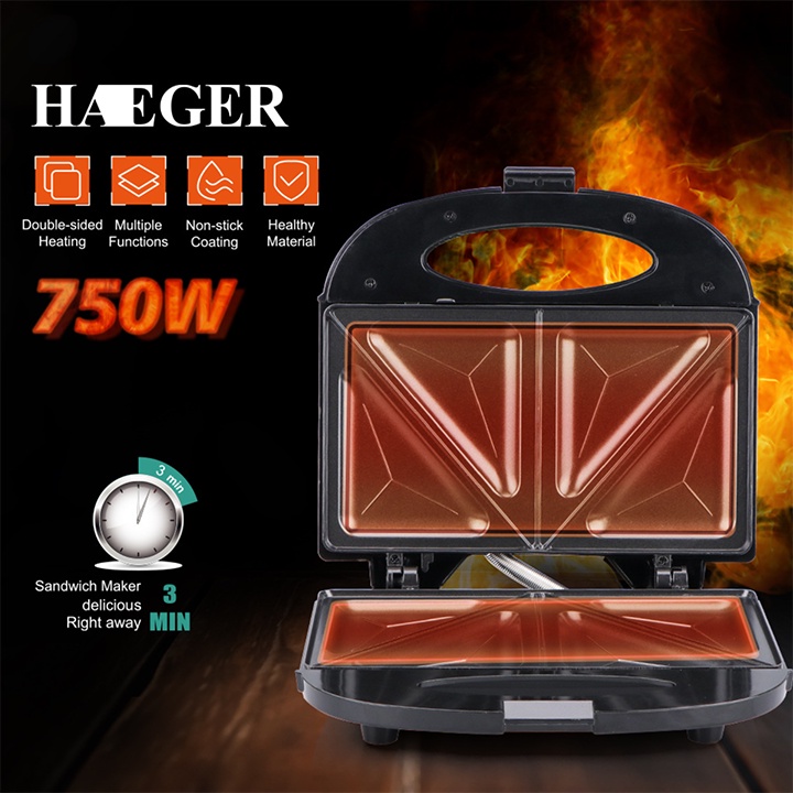 Máy nướng bánh mì, máy kẹp bánh sandwich, bánh waffle làm đồ ăn sáng chính hãng Haeger [BH 12 Tháng]