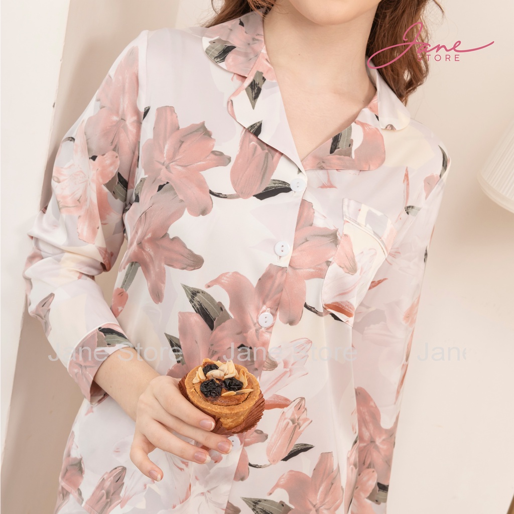 Pijama lụa dài tay phối họa tiết tinh tế - Set đồ ngủ Pijama lụa Pháp họa tiết cực sang trọng JANE mã PD10.