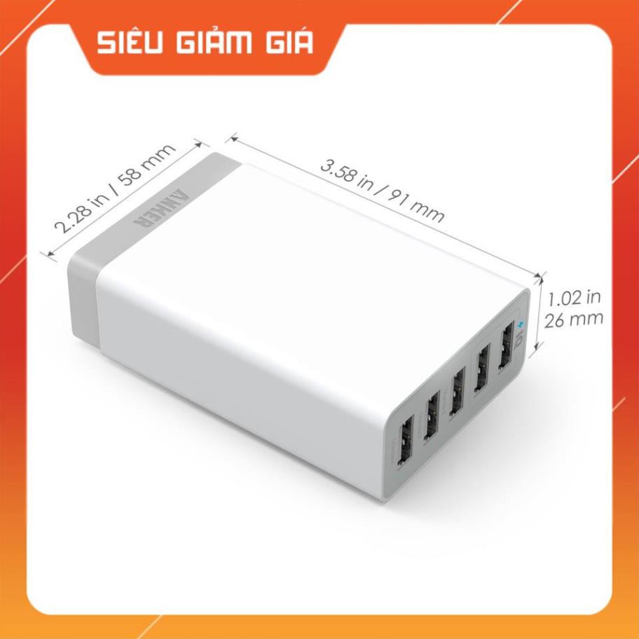 óc củ sạc nhanh 25W 5 cổng USB công nghệ PowerIQ hiệu Anker PowerPort 5 Lite (sạc nhanh Max 2.4A / Port) - Chính hãng