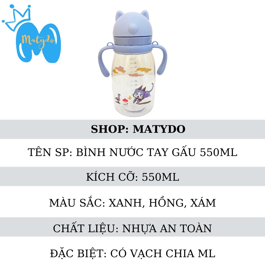 Bình nước tập uống cho bé 550ml nắp bật có tay cầm tiện dụng nhiều hình ngộ nghĩnh BN10