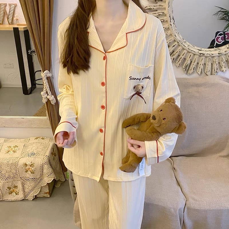 Đồ ngủ nữ mặc nhà viền đỏ tay dài chất thun cotton siêu mát | BigBuy360 - bigbuy360.vn