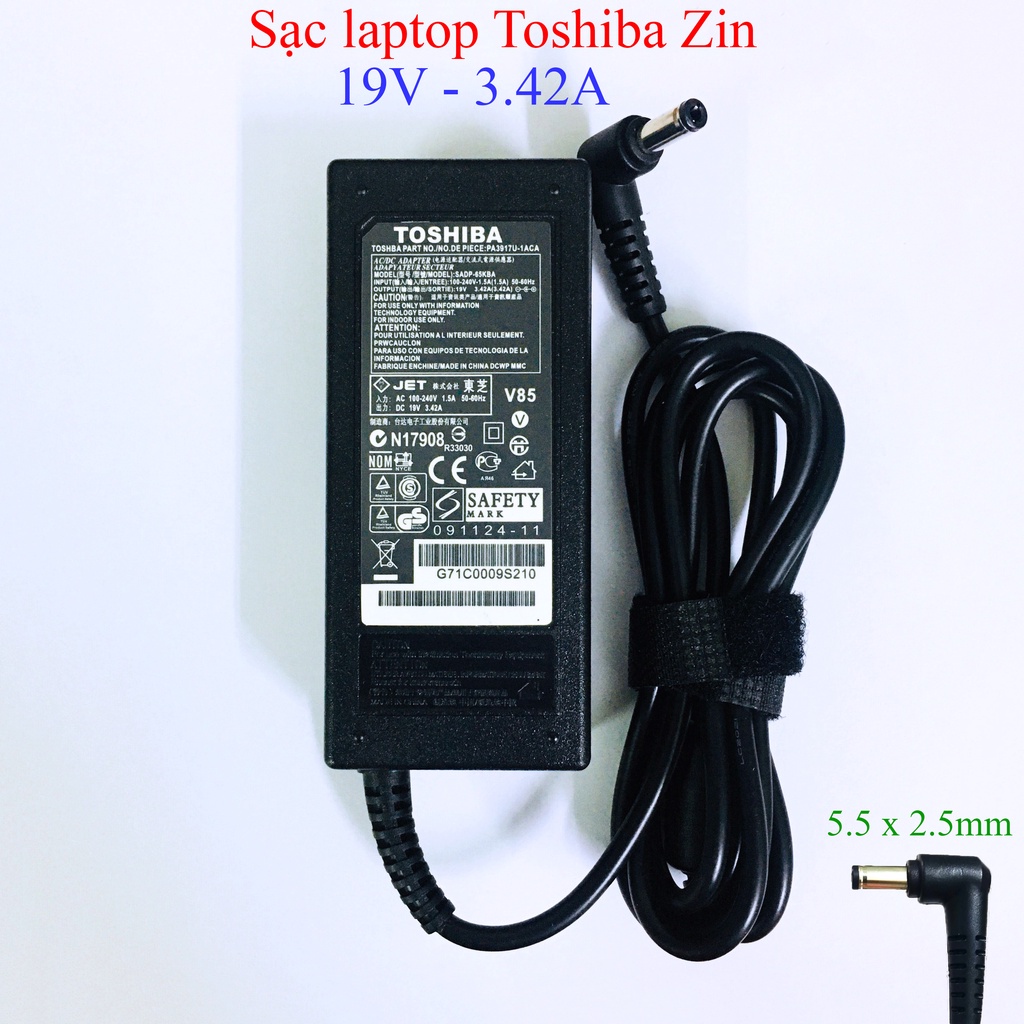 Sạc Laptop Toshiba Zin chân thường chính hãng 19v 3.42a 65w, adapter Toshiba chân thường 5.5mm x 2.5mm