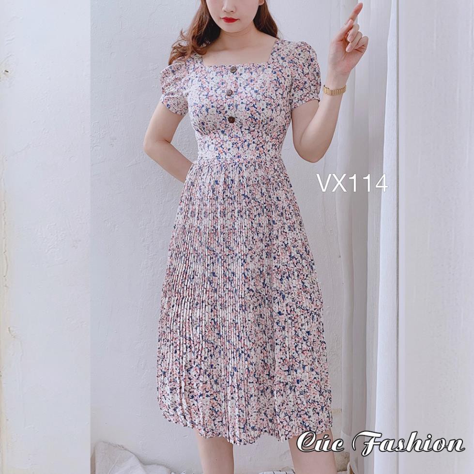 Váy liền thân công sở cao cấp đẹp Cúc Fashion VX114 váy nữ hoa nhí cúc gỗ ་ .