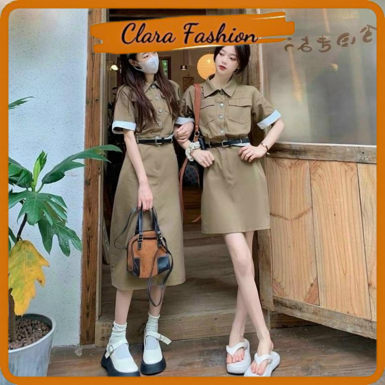 Váy Sơ mi Kaki Nâu Cổ Bẻ Tay Phối Trắng Kèm Đai Có Ảnh Thật Clara Siêu Xinh