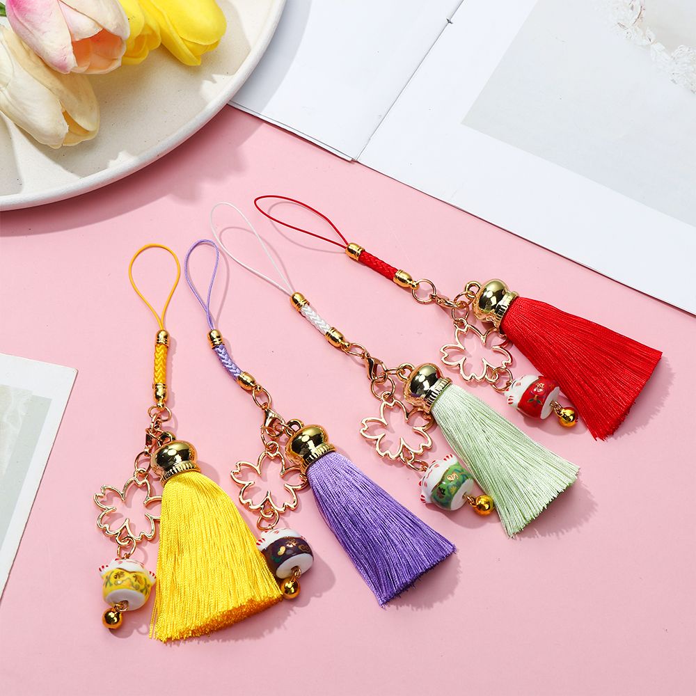 MAYSHOW Lovely Tassel Phone Lanyard Japanese Style Lucky Cat Cell Phone Hang Rope New Accessories Cherry Blossoms Keychain Wrist Rope Bag Charm Pendant Hang Rope Bells/Multicolor