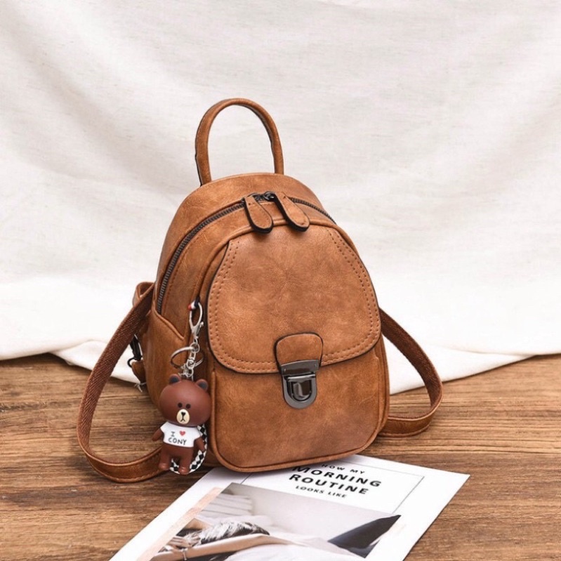 Balo Mini Kèm Móc Khoá Gấu, Túi Đeo Chéo Nữ Khoá Xập