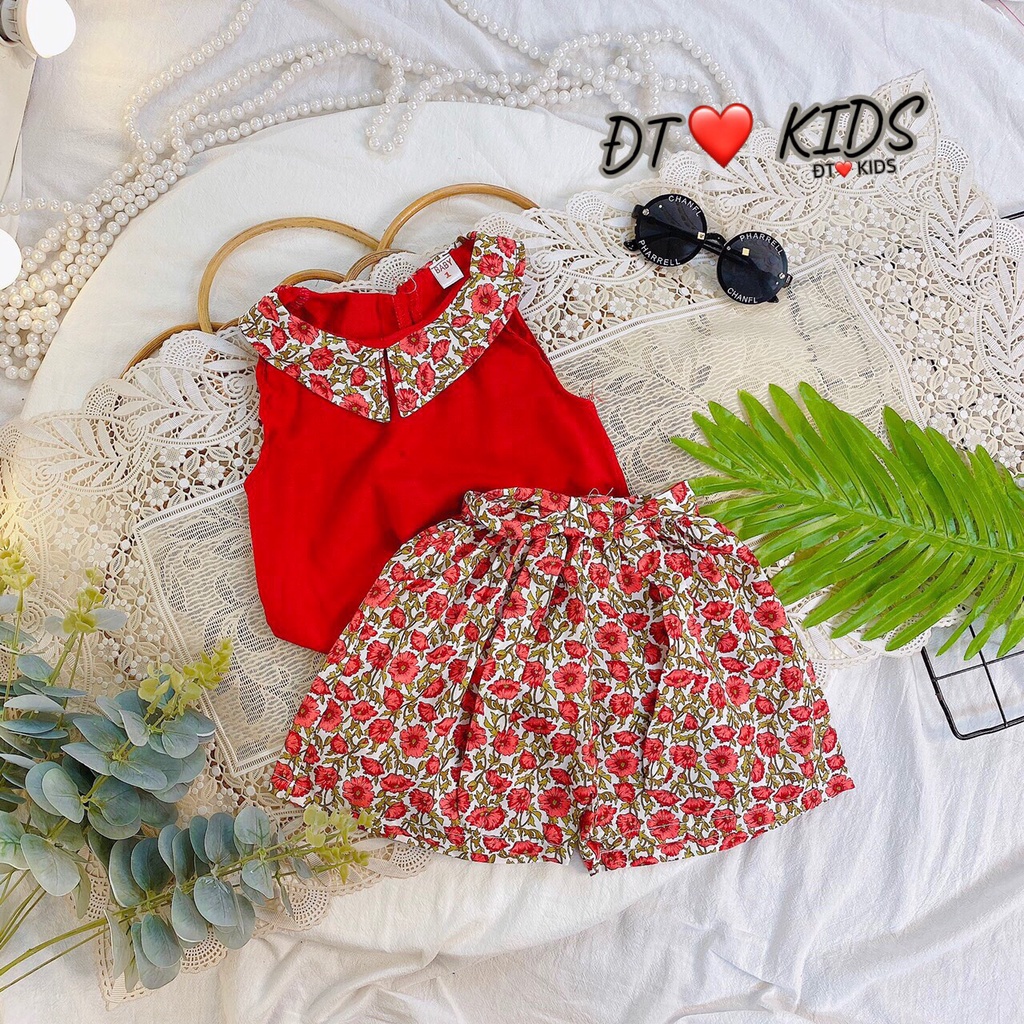 Bộ hè cho bé gái, bộ ba lỗ họa tiết hoa nhí chất thô Hàn mềm mại cho bé gái