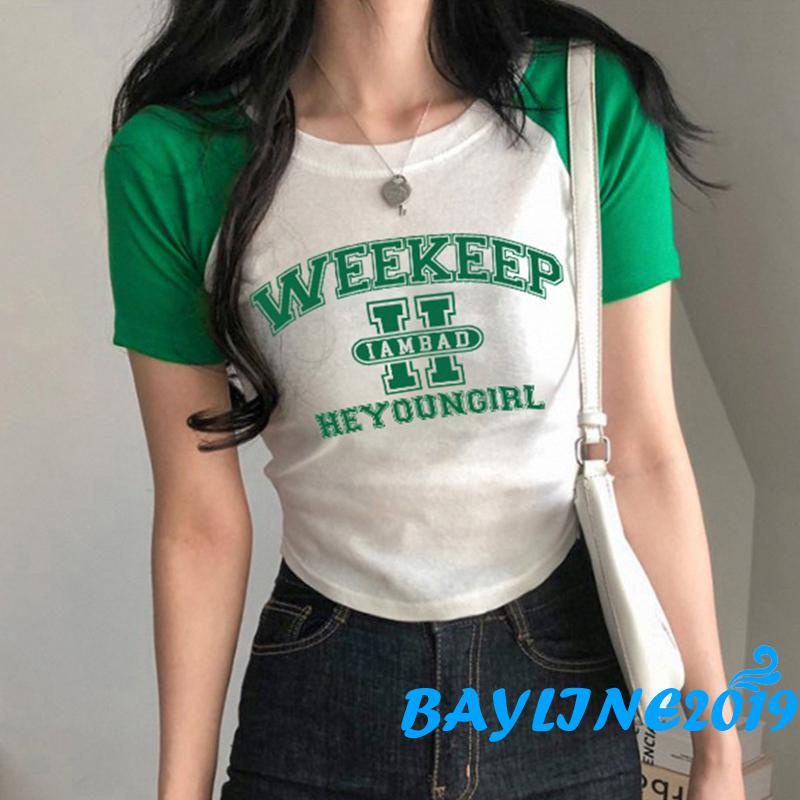 Áo Thun Tay Ngắn Cổ Tròn In Chữ Màu Sắc Tương Phản Thời Trang Mùa Hè Cho Nữ